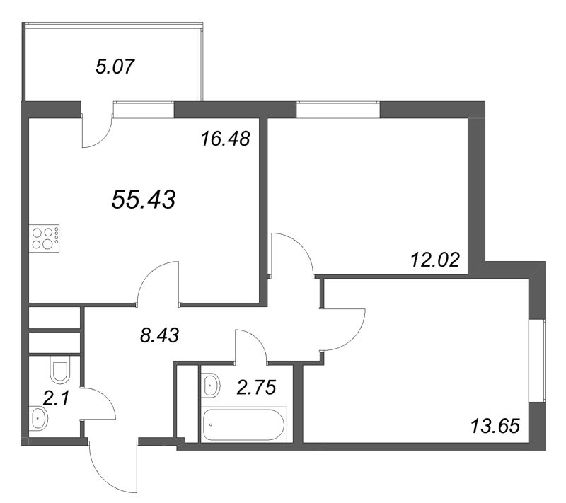 3-комнатная (Евро) квартира, 55.43 м² в ЖК "ЮгТаун" - планировка, фото №1