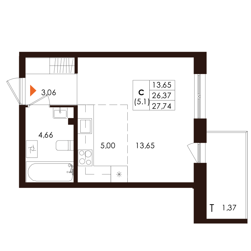 Квартира-студия, 27.74 м² в ЖК "Лисино" - планировка, фото №1