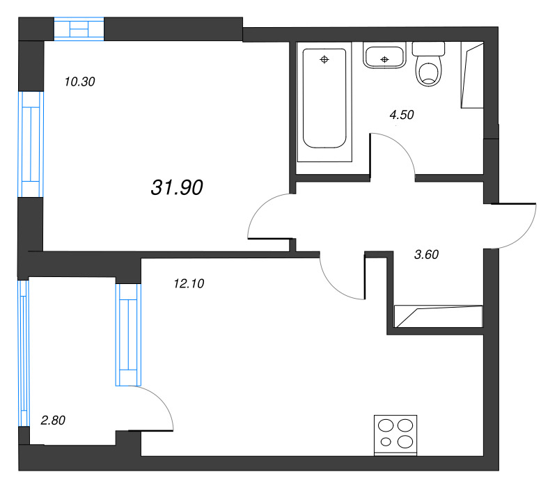 2-комнатная (Евро) квартира, 31.9 м² - планировка, фото №1