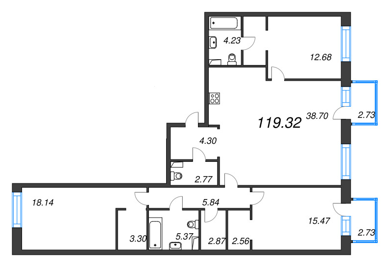 4-комнатная (Евро) квартира, 119.32 м² в ЖК "Остров Первых" - планировка, фото №1