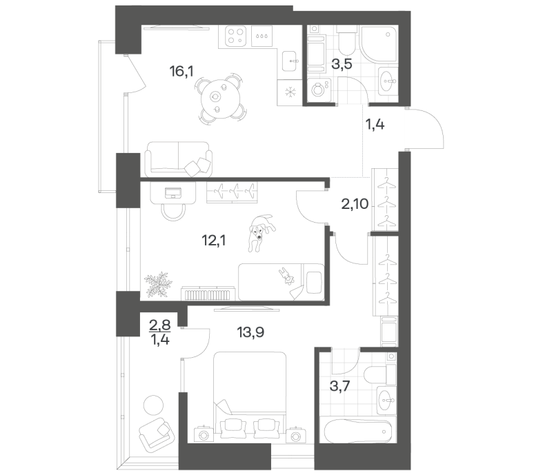 3-комнатная (Евро) квартира, 54.16 м² в ЖК "Новый Питер" - планировка, фото №1