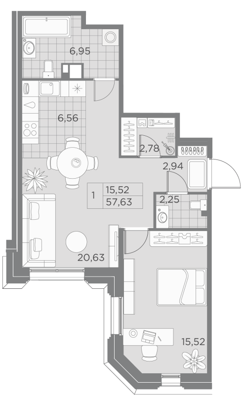 2-комнатная (Евро) квартира, 57.63 м² - планировка, фото №1