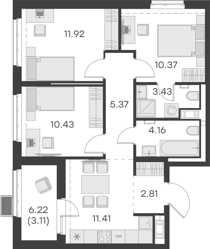 3-комнатная квартира, 63.01 м² - планировка, фото №1