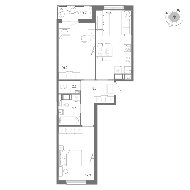 3-комнатная (Евро) квартира, 65.7 м² - планировка, фото №1