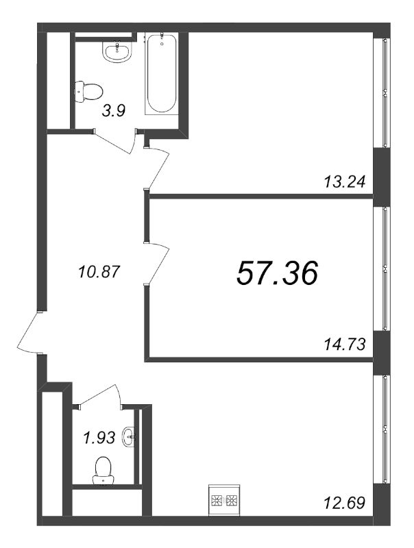 2-комнатная квартира, 57.38 м² - планировка, фото №1