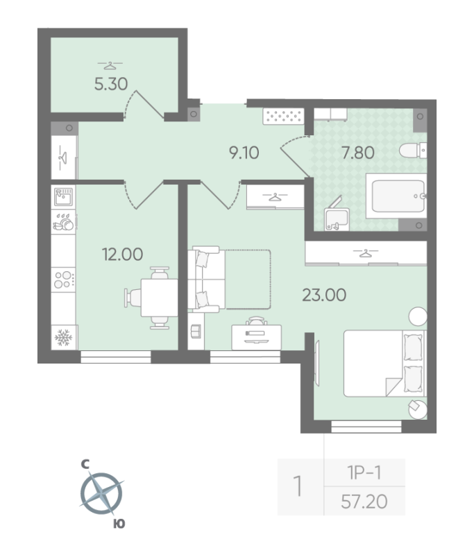 1-комнатная квартира, 57.2 м² в ЖК "Ручьи" - планировка, фото №1
