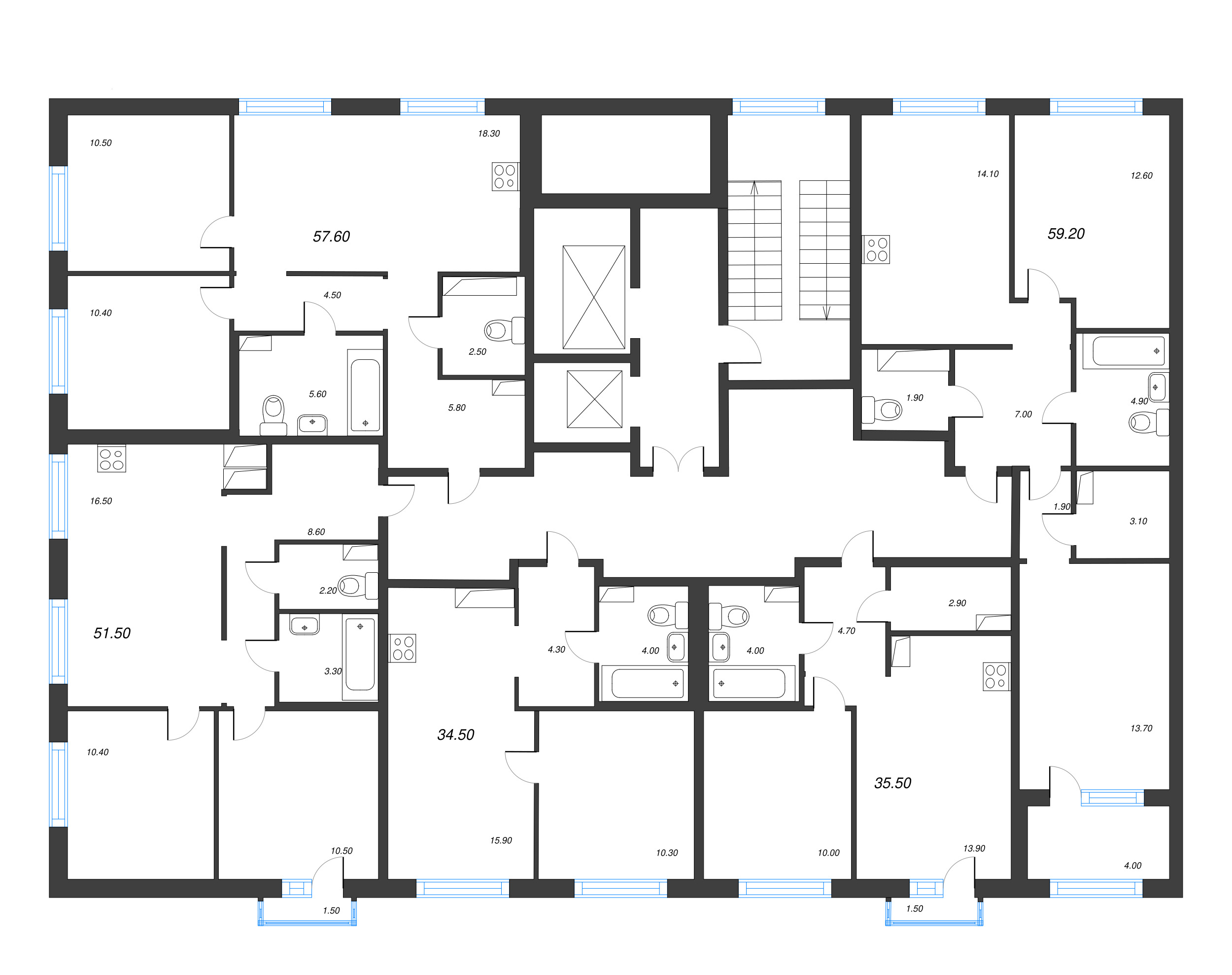 2-комнатная квартира, 59.2 м² в ЖК "Струны" - планировка этажа