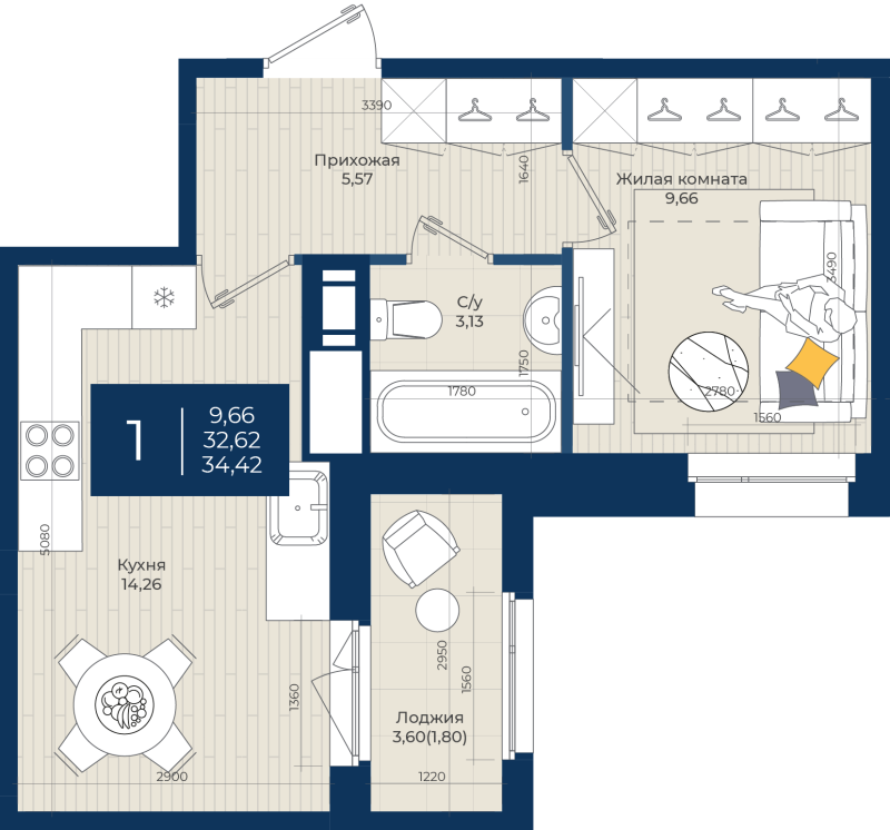 1-комнатная квартира, 34.42 м² в ЖК "Новатория" - планировка, фото №1