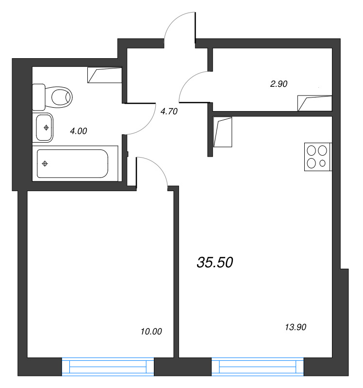 1-комнатная квартира, 35.5 м² в ЖК "Струны" - планировка, фото №1