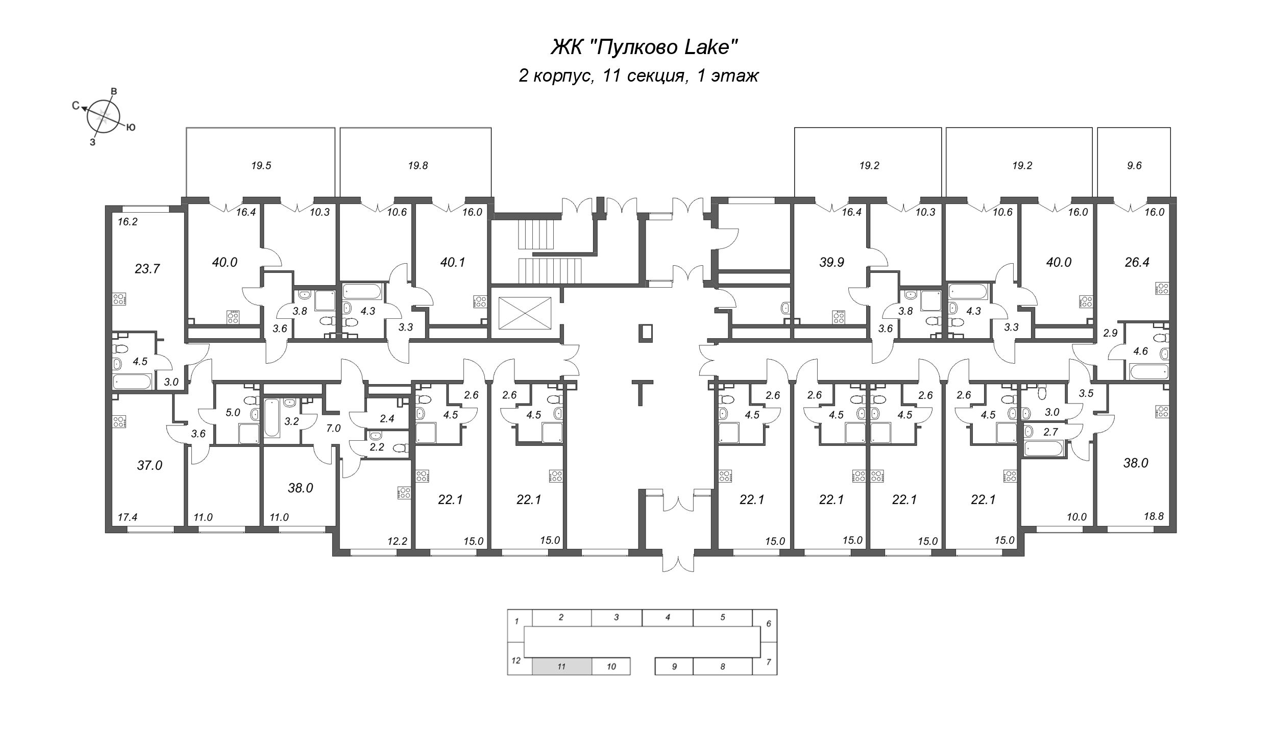 1-комнатная квартира, 38 м² в ЖК "Пулково Лейк" - планировка этажа