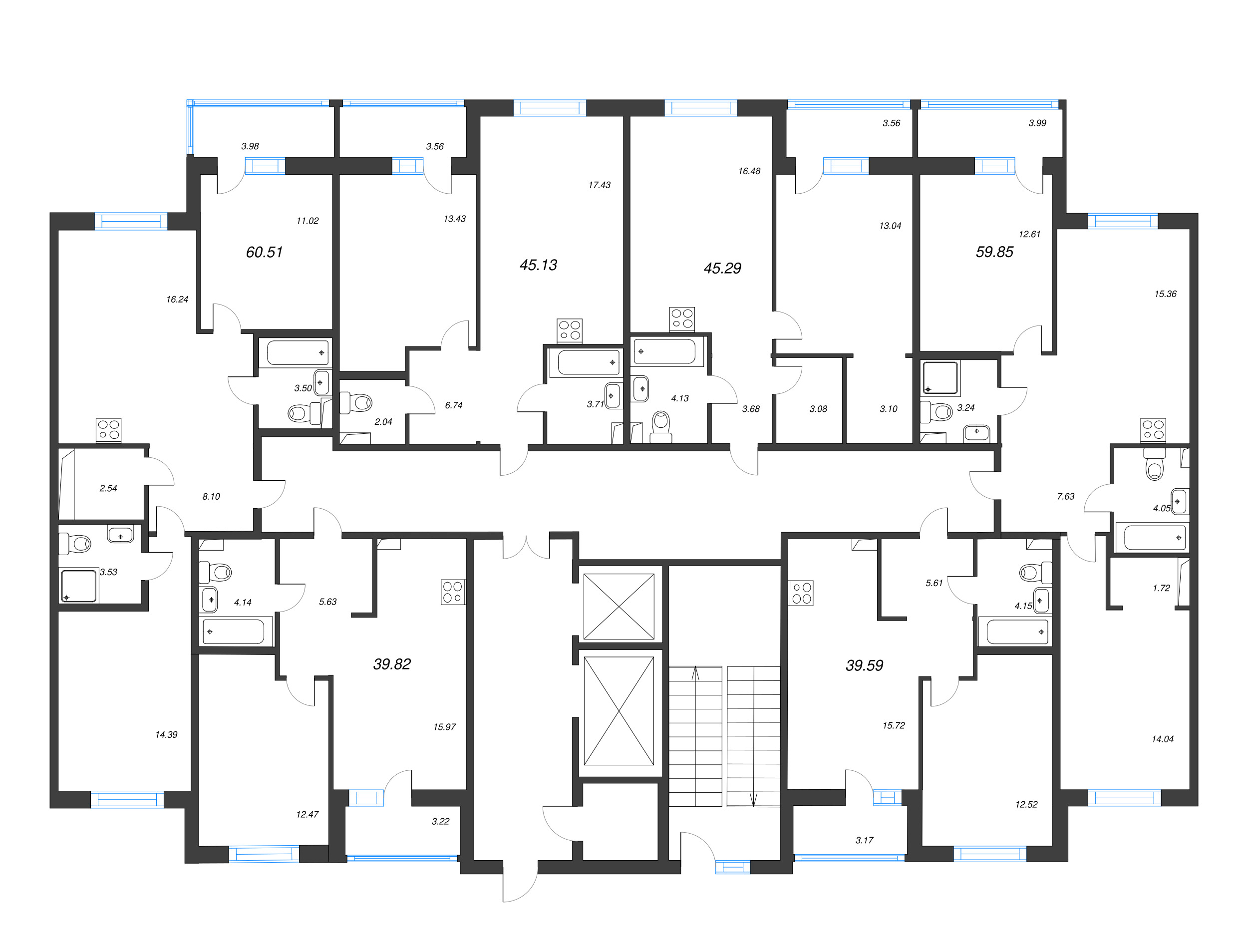 2-комнатная (Евро) квартира, 45.13 м² в ЖК "Энфилд" - планировка этажа