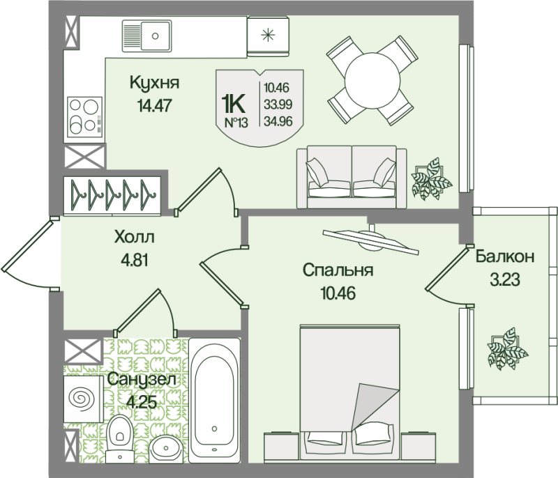1-комнатная квартира, 34.96 м² в ЖК "Охтинские высоты" - планировка, фото №1