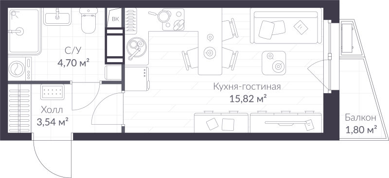 Квартира-студия, 24.6 м² в ЖК "ВЕРЕН НОРТ сертолово" - планировка, фото №1