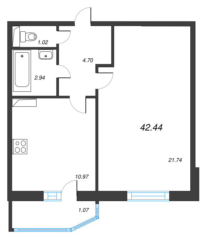 1-комнатная квартира, 42.1 м² - планировка, фото №1