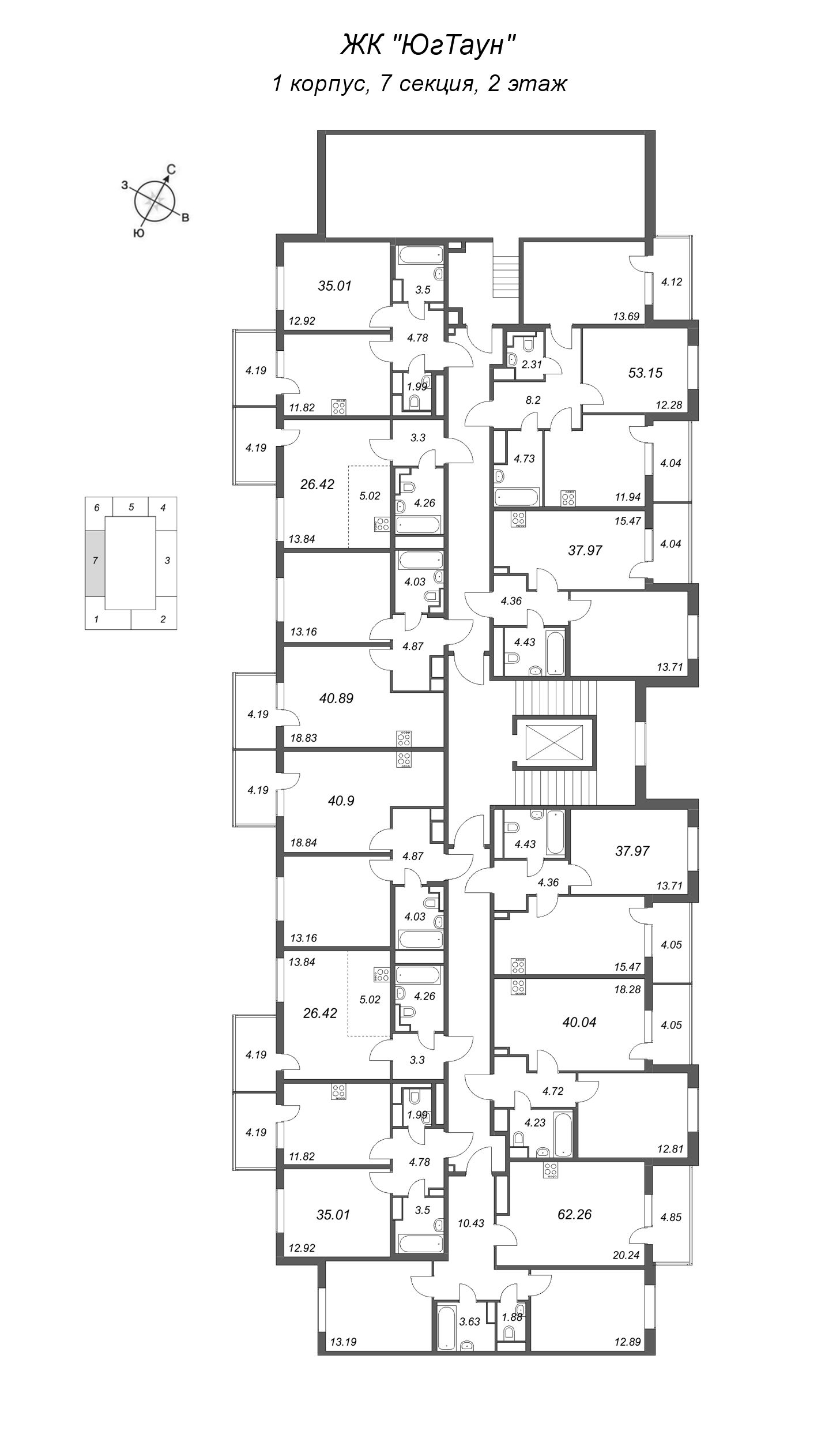 1-комнатная квартира, 35.01 м² в ЖК "ЮгТаун" - планировка этажа