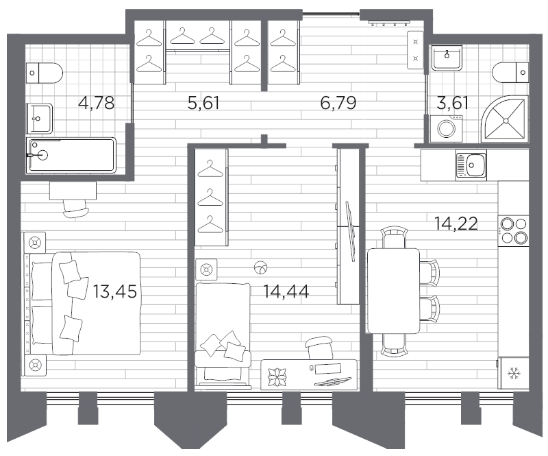 2-комнатная квартира, 62.9 м² в ЖК "Галерная гавань" - планировка, фото №1