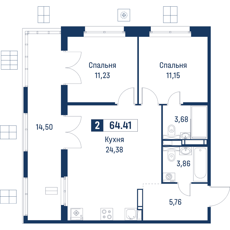 3-комнатная (Евро) квартира, 64.41 м² в ЖК "Символист" - планировка, фото №1