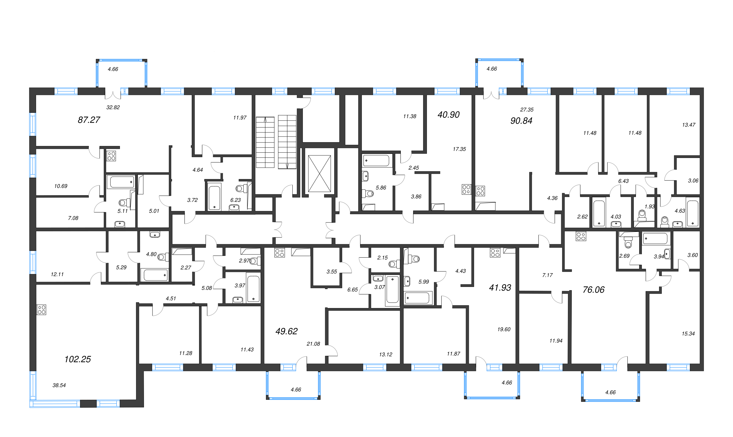 4-комнатная (Евро) квартира, 90.84 м² - планировка этажа
