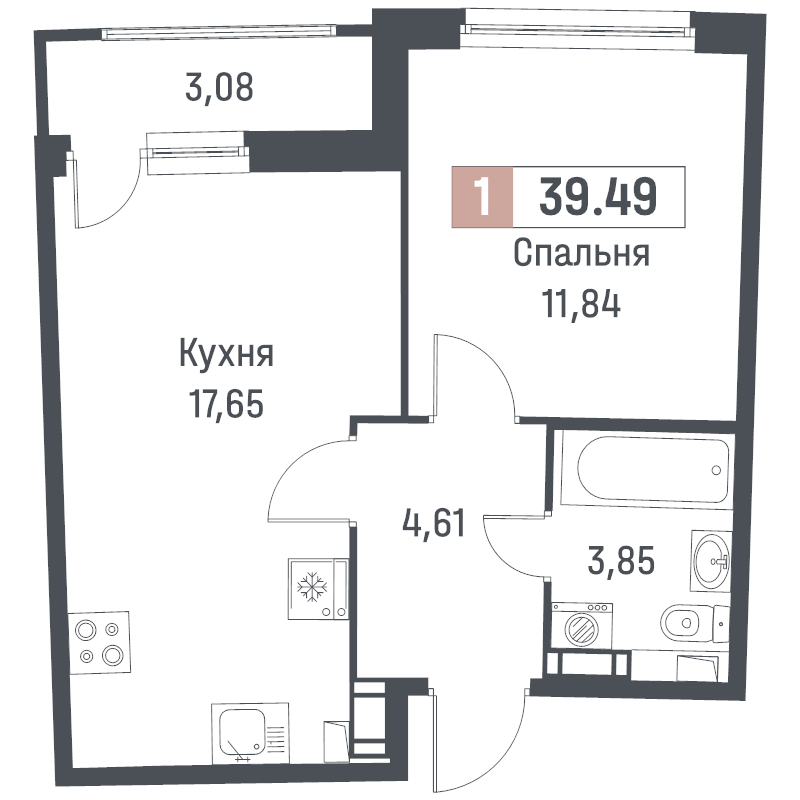 2-комнатная (Евро) квартира, 39.49 м² в ЖК "Авиатор" - планировка, фото №1