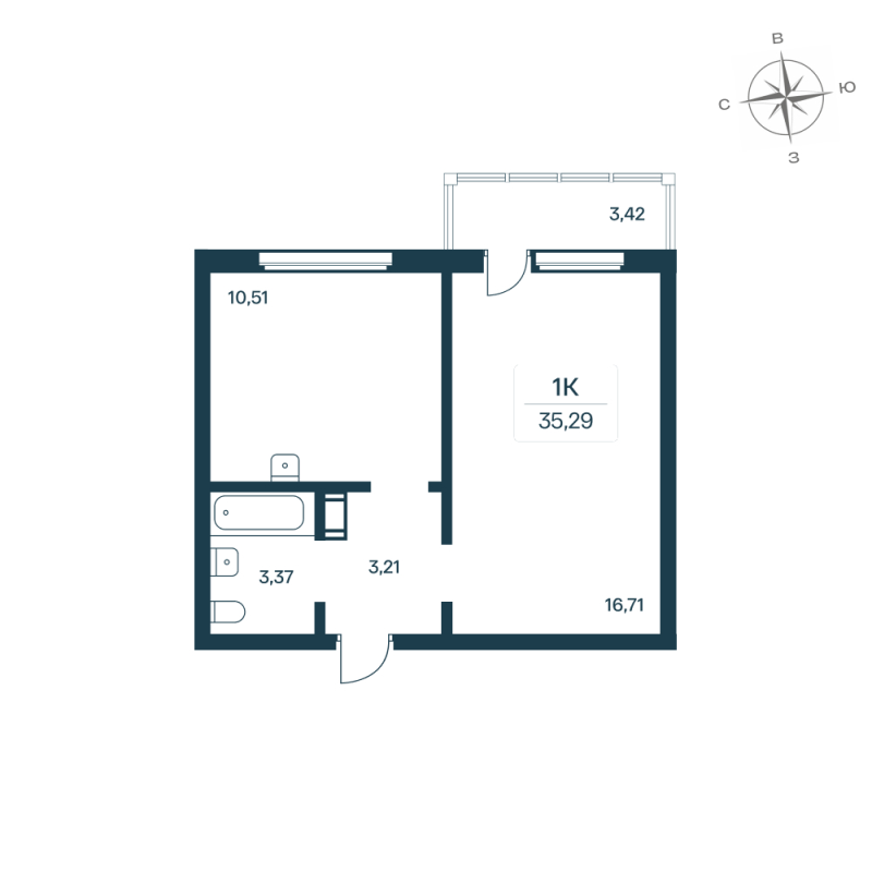 1-комнатная квартира, 34.83 м² - планировка, фото №1