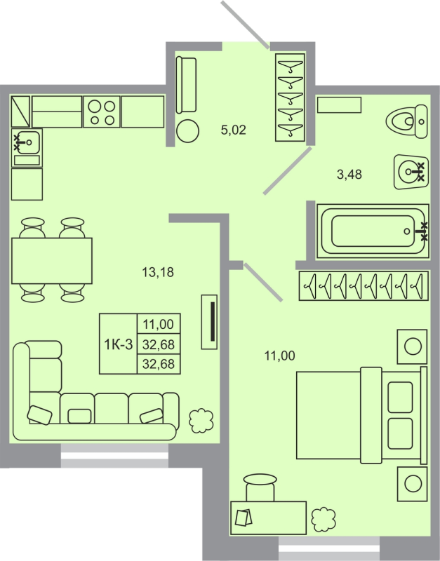 1-комнатная квартира, 32.68 м² в ЖК "Стороны света-2" - планировка, фото №1
