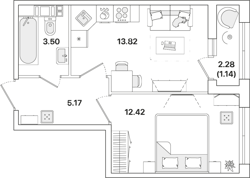 2-комнатная (Евро) квартира, 36.05 м² в ЖК "Академик" - планировка, фото №1