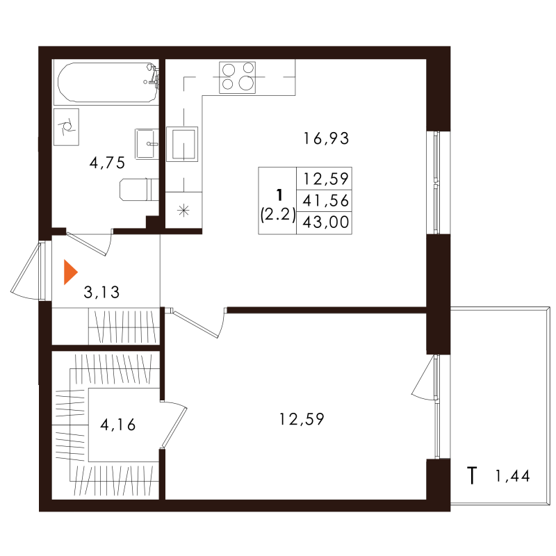 2-комнатная (Евро) квартира, 43 м² в ЖК "Лисино" - планировка, фото №1