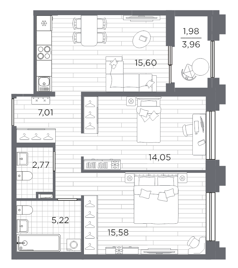 3-комнатная (Евро) квартира, 62.21 м² в ЖК "Ассамблея" - планировка, фото №1