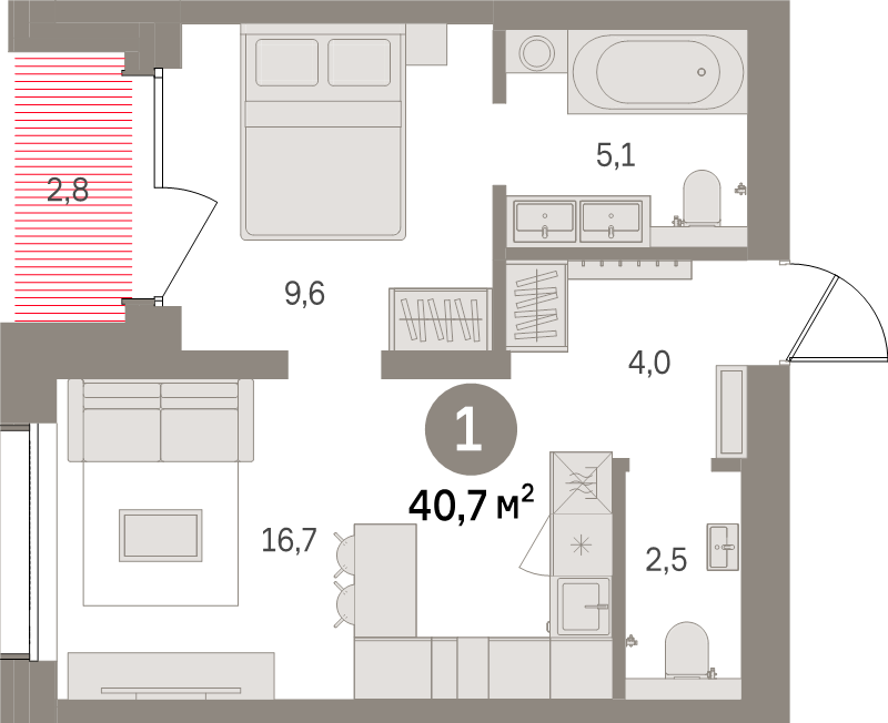 2-комнатная (Евро) квартира, 40.7 м² в ЖК "Северный ветер" - планировка, фото №1