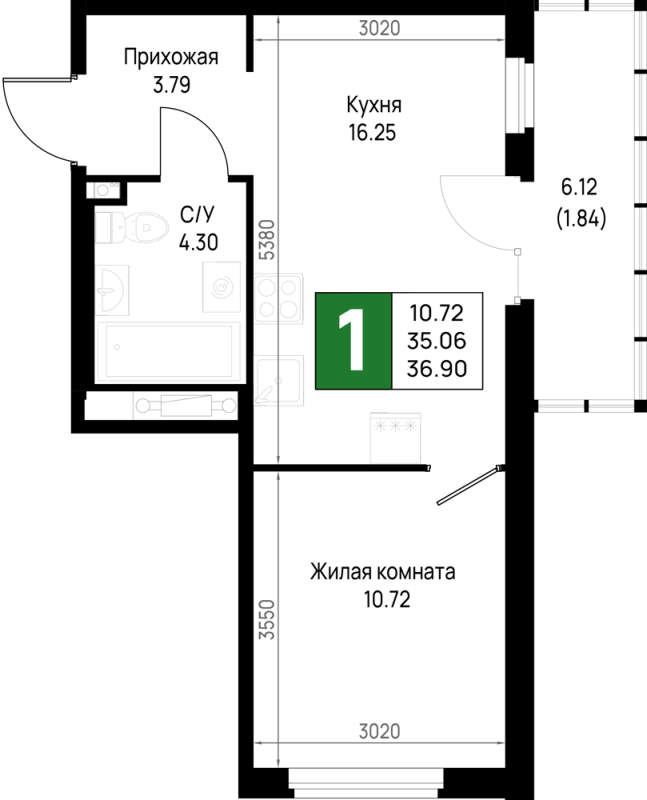 2-комнатная (Евро) квартира, 36.9 м² в ЖК "Имена" - планировка, фото №1