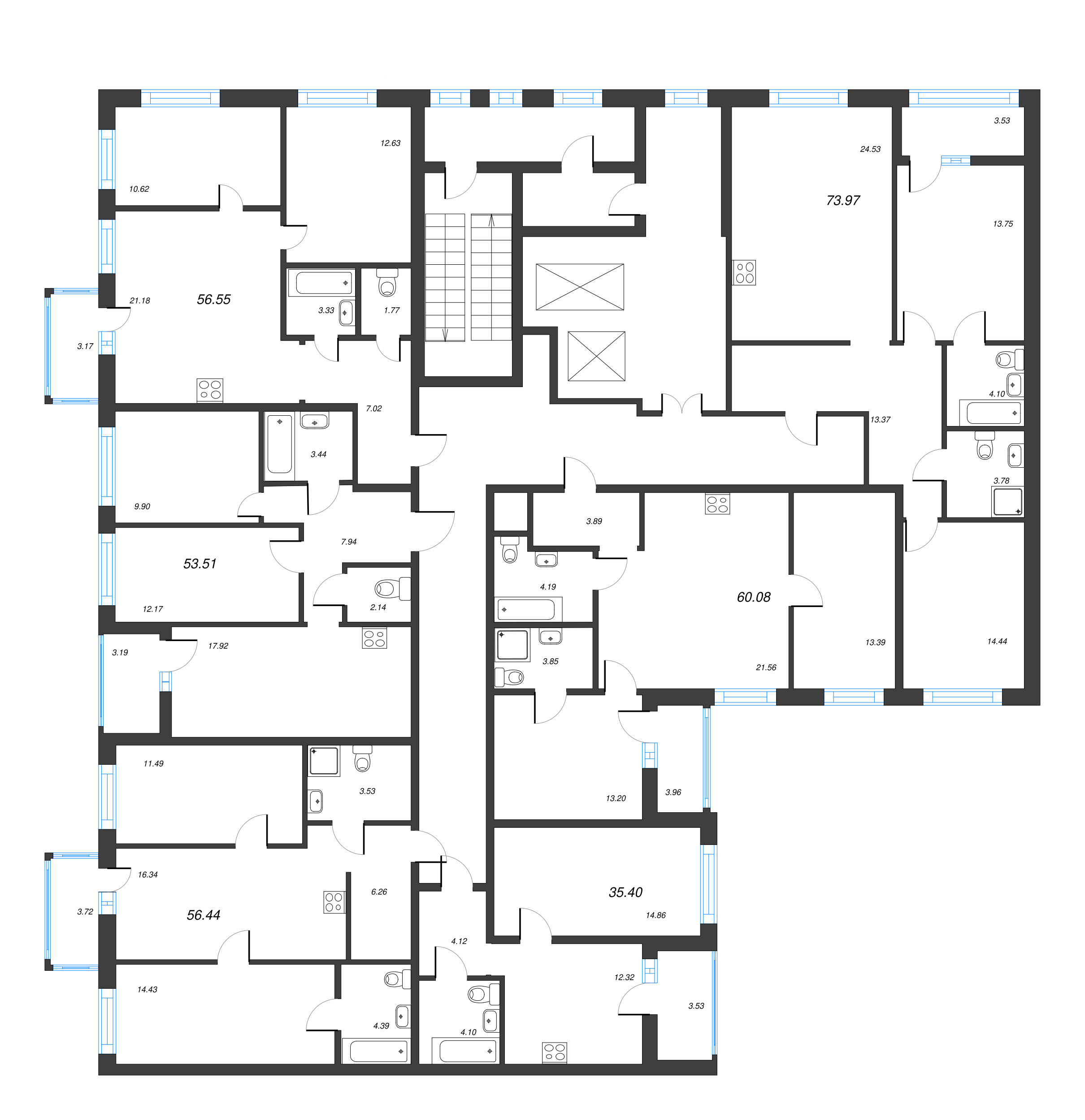3-комнатная (Евро) квартира, 56.55 м² - планировка этажа