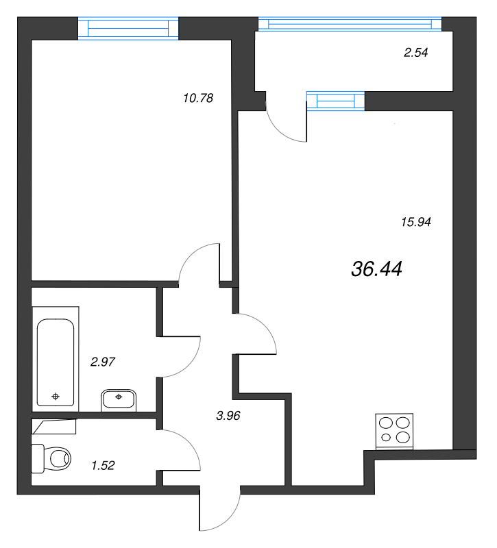 2-комнатная (Евро) квартира, 36.44 м² в ЖК "AEROCITY" - планировка, фото №1