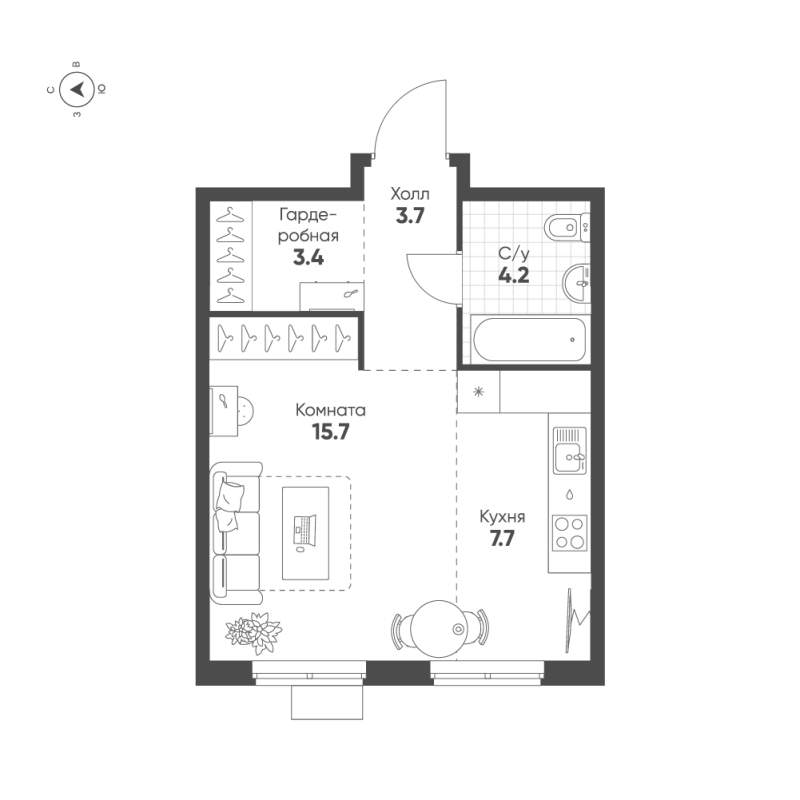 Квартира-студия, 34.7 м² в ЖК "Ягодное Река Парк" - планировка, фото №1