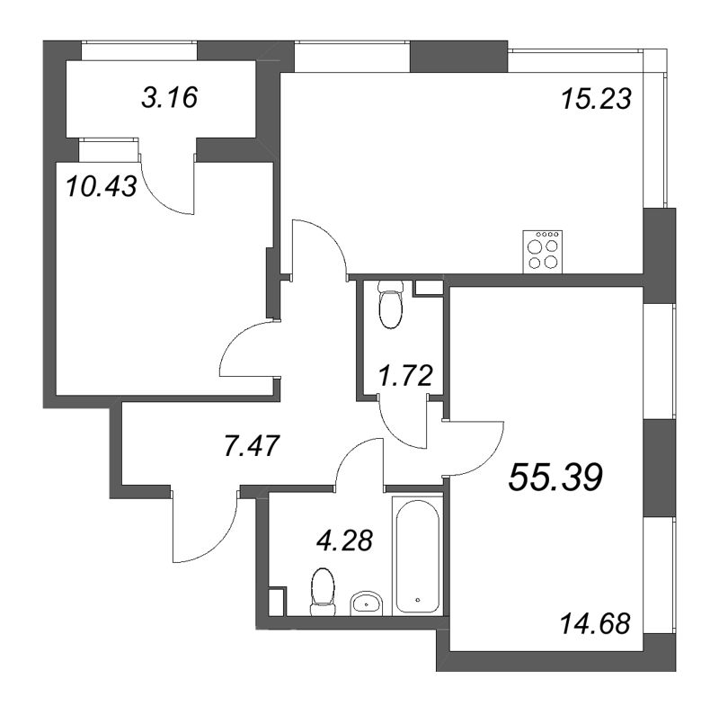 3-комнатная (Евро) квартира, 55.39 м² в ЖК "Гранат" - планировка, фото №1