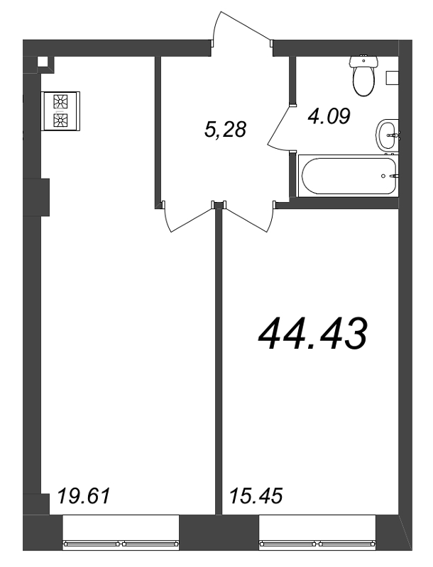 2-комнатная (Евро) квартира, 44.43 м² в ЖК "Neva Residence" - планировка, фото №1