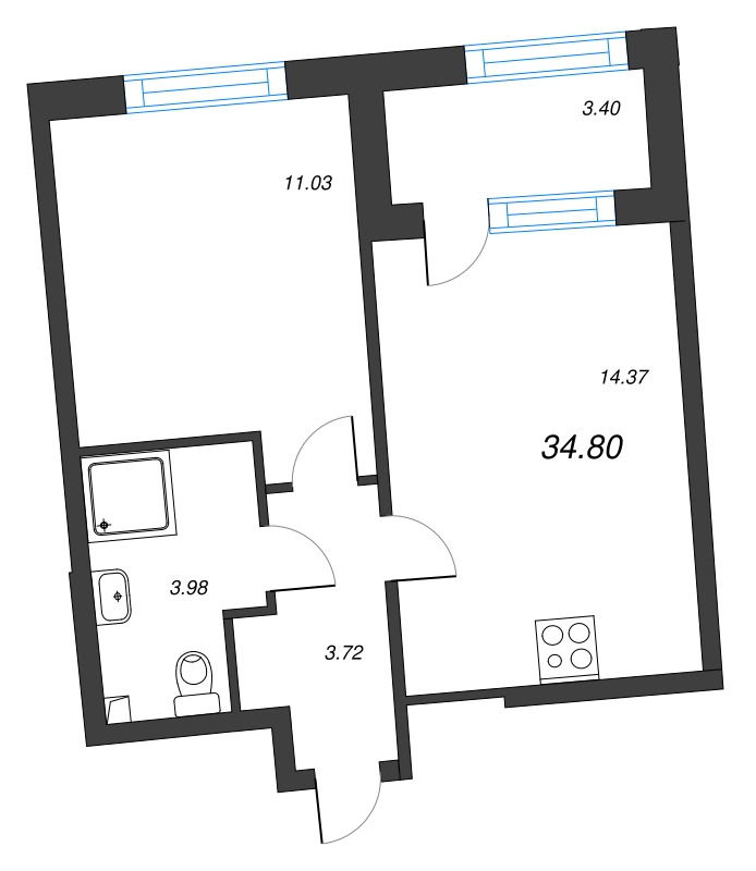 1-комнатная квартира, 34.8 м² в ЖК "Бульвар Грина" - планировка, фото №1