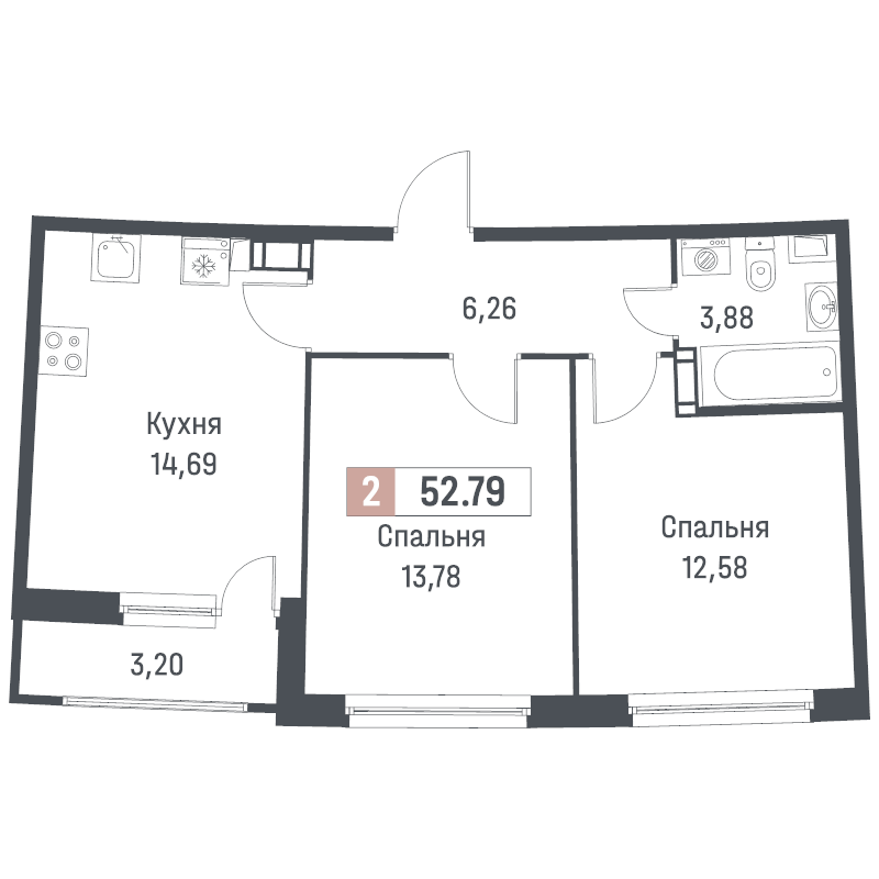 2-комнатная квартира, 52.79 м² в ЖК "Авиатор" - планировка, фото №1