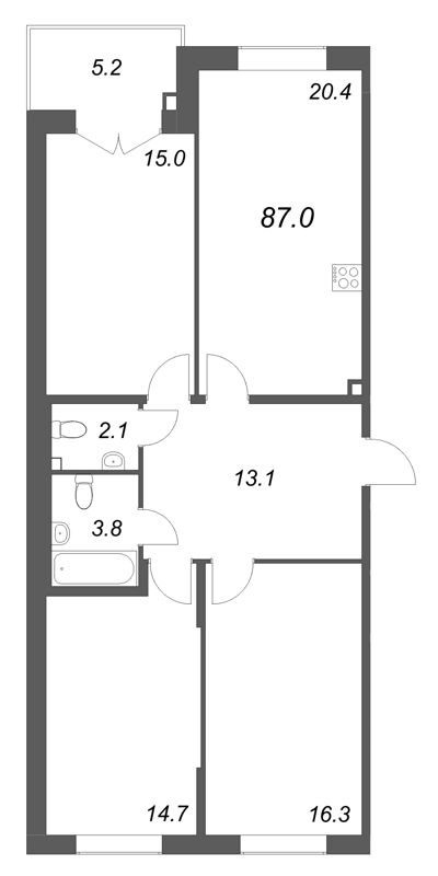 4-комнатная (Евро) квартира, 87 м² в ЖК "Кронунг ЮГ" - планировка, фото №1