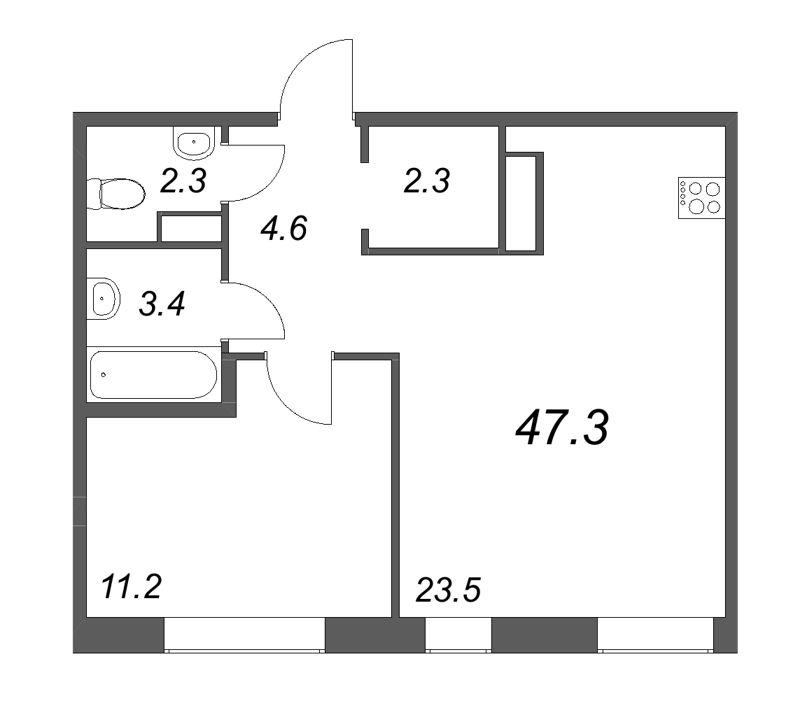 2-комнатная (Евро) квартира, 47.3 м² - планировка, фото №1