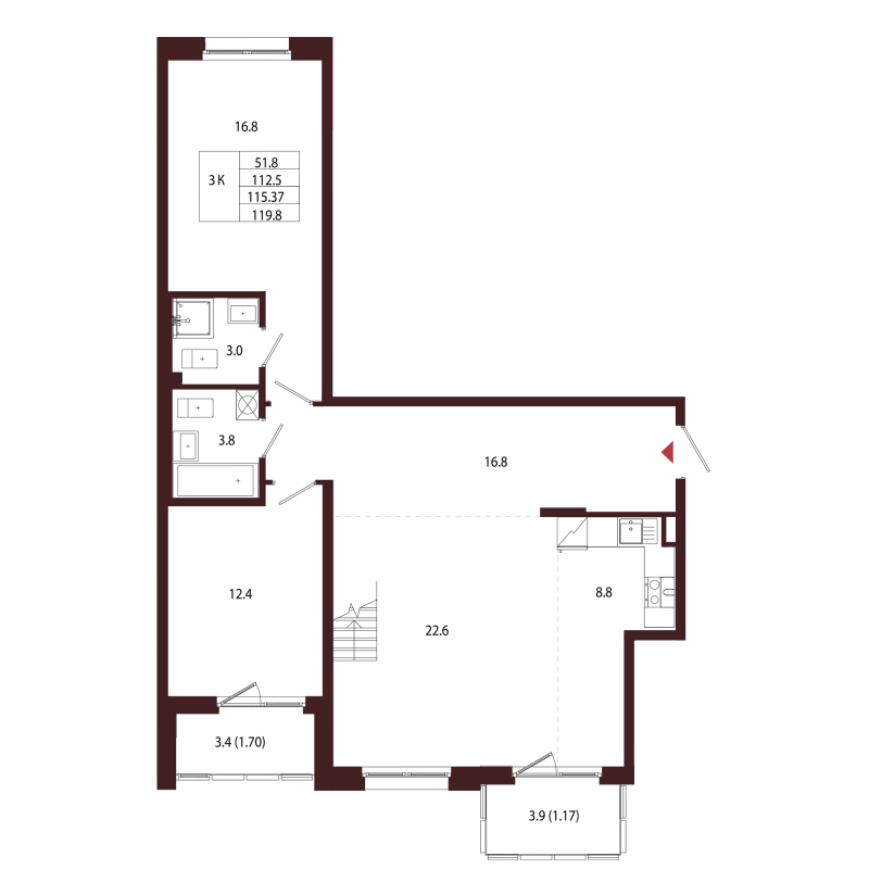 3-комнатная квартира, 115.37 м² в ЖК "Лисино" - планировка, фото №1