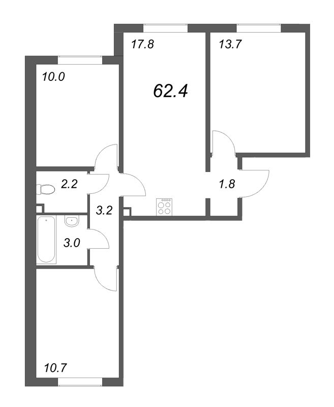 4-комнатная (Евро) квартира, 62.4 м² в ЖК "ЛСР. Ржевский парк" - планировка, фото №1