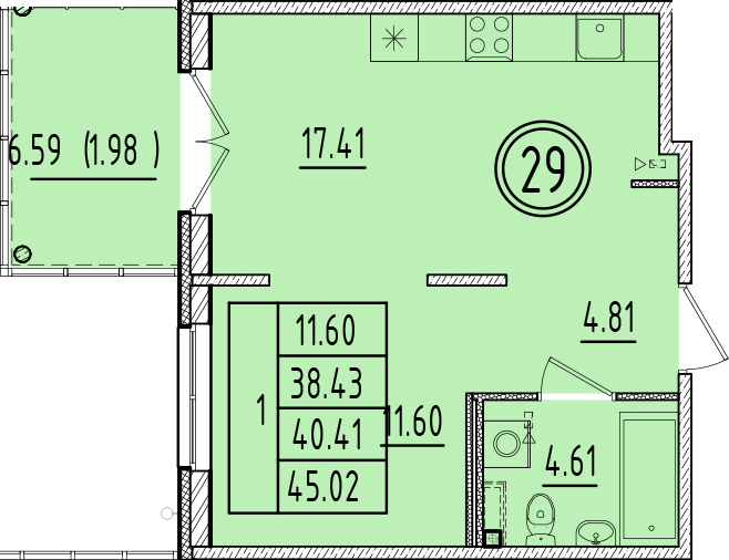 2-комнатная (Евро) квартира, 38.43 м² в ЖК "Образцовый квартал 6.4" - планировка, фото №1
