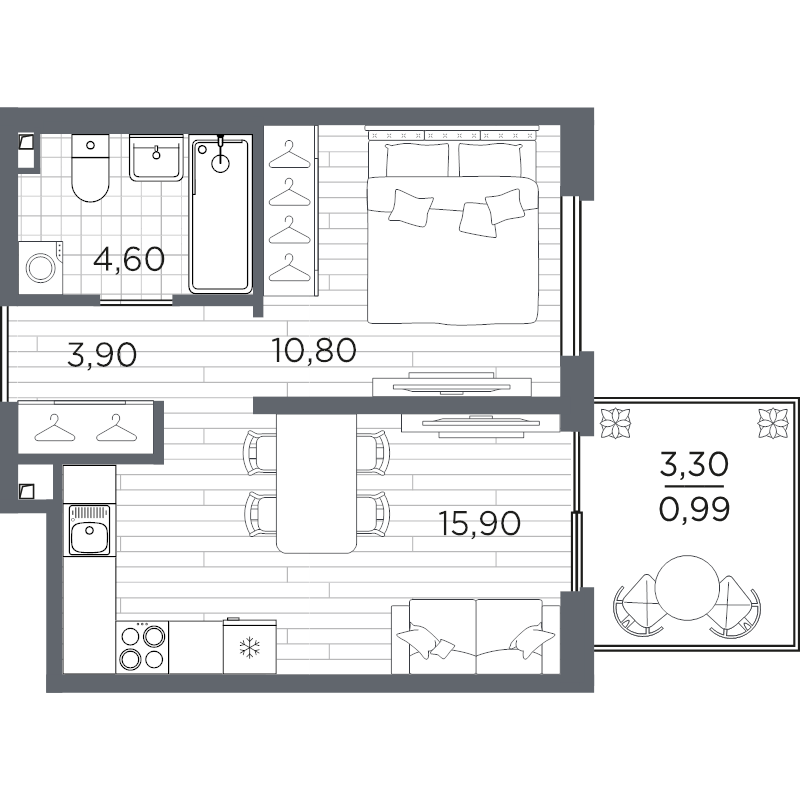 2-комнатная (Евро) квартира, 36.19 м² в ЖК "PLUS Пулковский" - планировка, фото №1