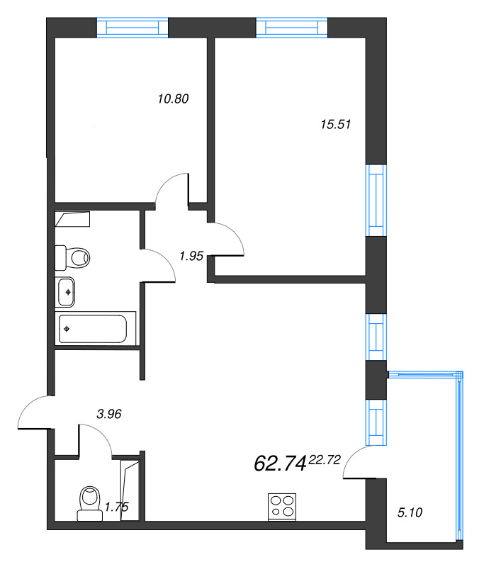 3-комнатная (Евро) квартира, 62.74 м² в ЖК "IQ Гатчина" - планировка, фото №1
