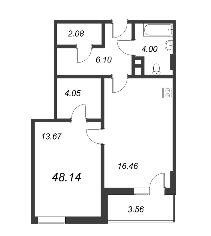 1-комнатная квартира, 47.7 м² в ЖК "WINGS апартаменты на Крыленко" - планировка, фото №1