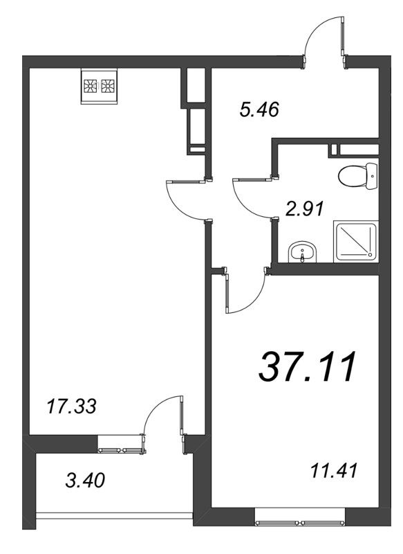 2-комнатная (Евро) квартира, 37.2 м² в ЖК "Чёрная речка" - планировка, фото №1