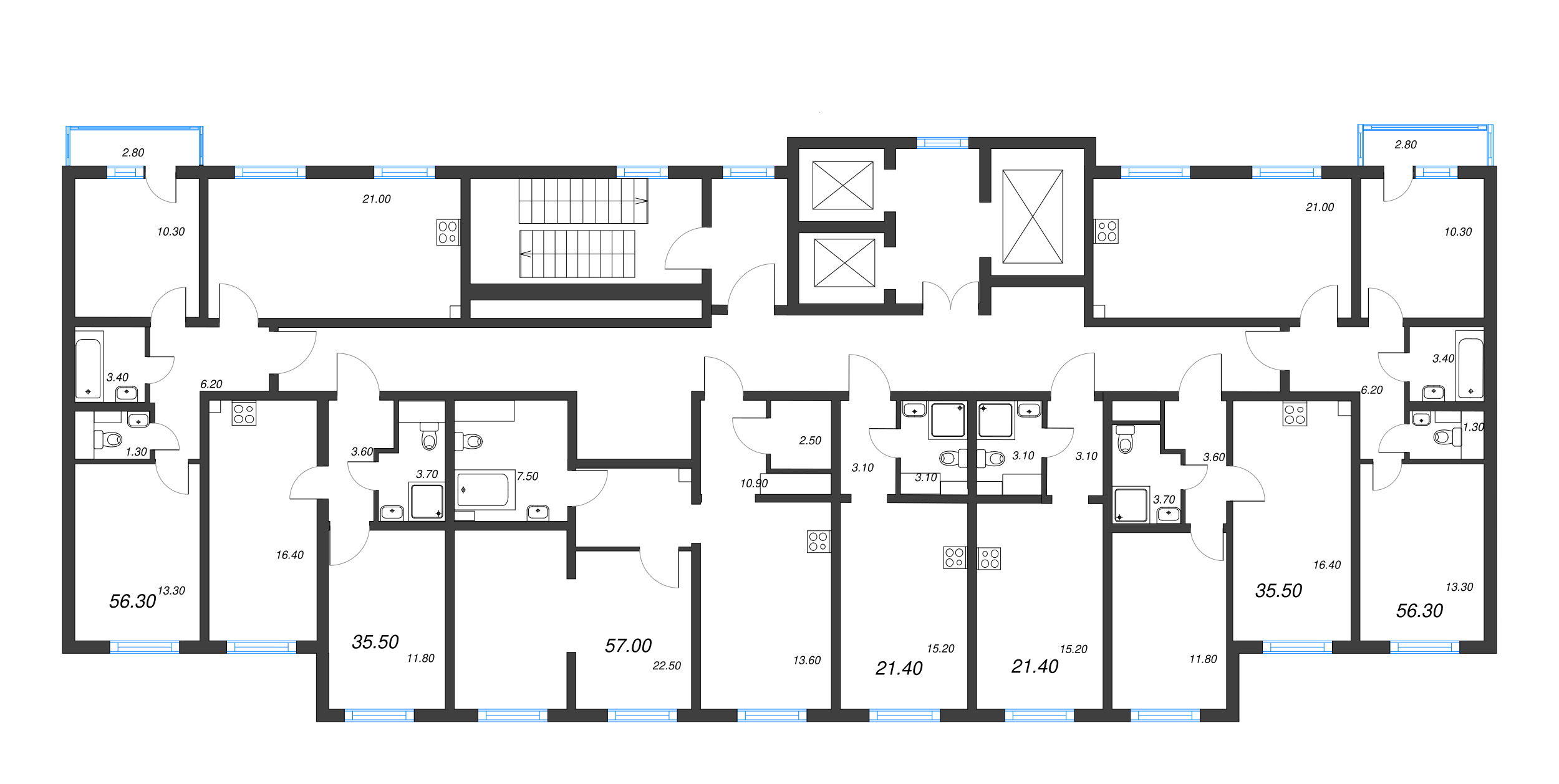 2-комнатная (Евро) квартира, 56.3 м² - планировка этажа