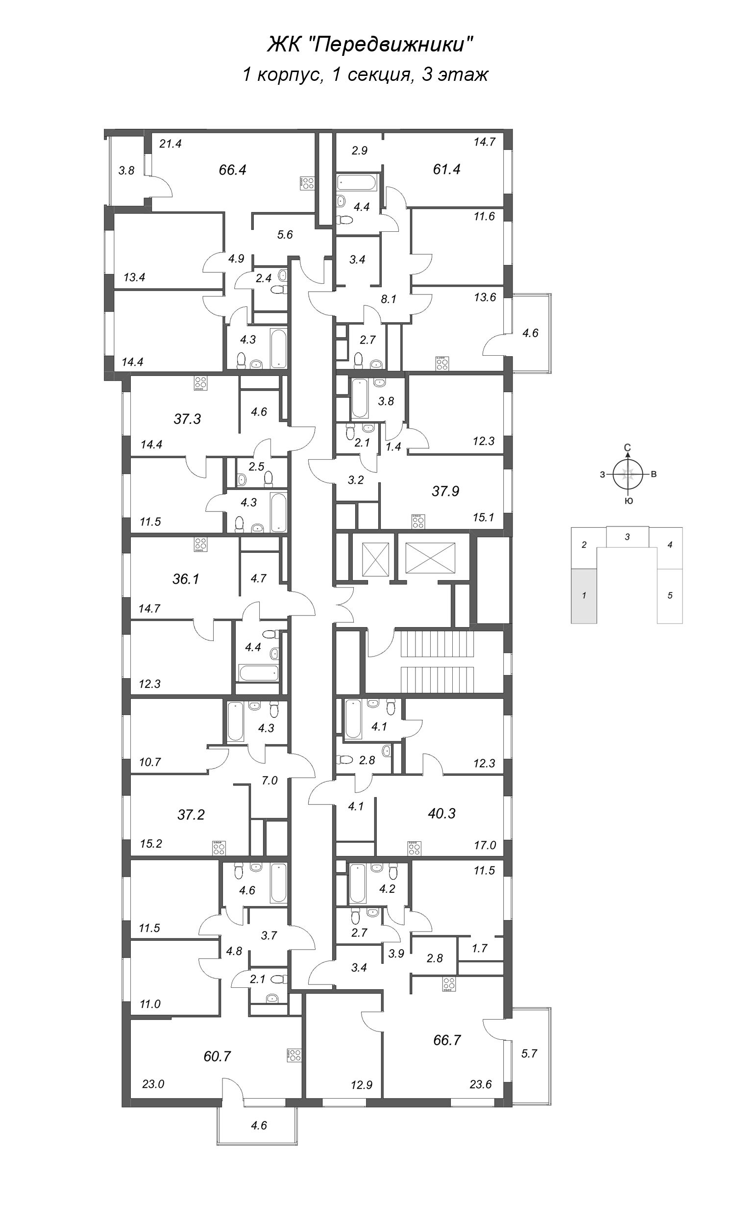 1-комнатная квартира, 37.1 м² в ЖК "Передвижники" - планировка этажа
