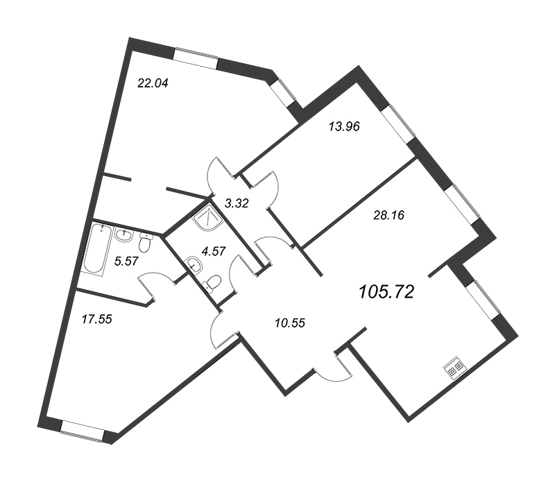 4-комнатная (Евро) квартира, 105.72 м² в ЖК "ID Park Pobedy" - планировка, фото №1
