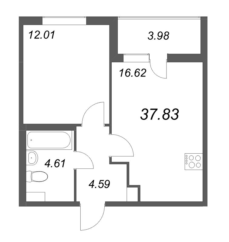 2-комнатная (Евро) квартира, 37.83 м² - планировка, фото №1